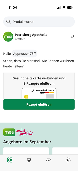Screenshot der Kundenservice-Chat-Funktion der Petrisberg Apotheke-App mit Service-Optionen wie Route planen und Benachrichtigungsfunktion.